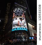 Small photo of NEW YORK - NOVEMBER 30: Manny 'Pacman' Pacquiao training in preparation for match against Juan Manuel Marquez live streaming on screen at NASDAQ building on November 30, 2012 in New York City.