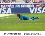 Small photo of Harrison, NJ - May 26, 2019: Goalkeeper Cecilla Santiago (1) of Mexico saves during friendly game against USA as preparation for Womens World Cup on Red Bull Arena USA won 3 - 0