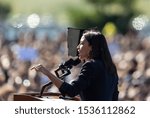 Small photo of New York, NY - October 19, 2019: U.S. Representative Alexandria Ocasio-Cortez speaks during Bernie Sanders Rally "Bernie's Back" in Queensbridge Park. She endoreses him for President of USA