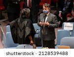 Small photo of New York, NY - February 23, 2022: Ambassador Linda Thomas-Greenfield speaks with Ambassador Sergiy Kyslytsya before emergency SC meeting discussing situation in Ukraine at UN Headquarters