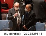 Small photo of New York, NY - February 23, 2022: Ambassador Vasily Nebenzya speaks with Ambassador Zhang Jun before emergency SC meeting discussing situation in Ukraine at UN Headquarters