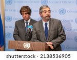 Small photo of New York, NY - March 23, 2022: Stakeout with French Ambassador Nicolas De Riviere and Mexican Ambassador Juan Ramon De La Fuente Ramirez after Security Council meeting at UN Headquarters