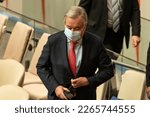Small photo of Secretary-General Antoni Guterres leaves meeting Committee on the Exercise of the Inalienable Rights of the Palestinian People at UN Headquarters in New York on February 22, 2023.