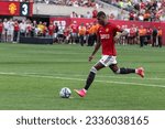 Small photo of Marcus Rashford (10) of Manchester United scores from penalty spot after friendly game against Arsenal FC at MetLife stadium in East Rutherford, NJ on July 22, 2023. United won 5 - 3 on penalties