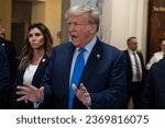 Small photo of Former President Donald Trump speaks to press before the start of civil fraud trial brought by NYS Attorney General Letitia James at NYS court in New York on October 2, 2023