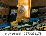 Small photo of Dennis Francis President of UN 78th General Assembly speaks before voting on UN Human RIghts Council by General Assembly at UN Headquarters in New York on October 12, 2023