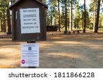 Small photo of SUSANVILLE CALIFORNIA - SEPTEMBER 8, 2020 - Closure sign at deserted Eagle Lake campground pursuant to Forest Service order to close camping and day use areas due to statewide fires.