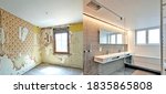 Small photo of Renovation of a bathroom Before and after in horizontal format