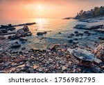 Attractive summer sunrise on Kanoni Beach. Splendid morning seascape of Ionian Sea. Superb outdoor scene of Kassiopi village and resort, Corfu island, Greece, Europe. 