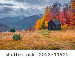 Dramatic autumn view of the mountain forest. Fall in mountain village, Carpathians, Ukraine, Europe. Beauty of nature concept background.