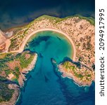 Small photo of Straight down view of Voidokilia Beach. Splendid morning seascpae of Ionian sea. Adorable outdoor scene of Peloponnese peninsula, Greece, Europe. Vacation concept background.