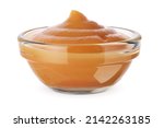 Glass bowl with apple puree healthy baby food isolated on white background.