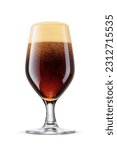 Small photo of Tulip glass of fresh delicious dark stout beer with cap of foam isolated on white background.