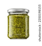 Small photo of Italian green sauce pesto in small glass jar with silver twist off lid isolated on a white background.