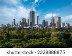 Aerial, drone panorama of Warsaw city during sunset. View from Pole Mokotowskie Park