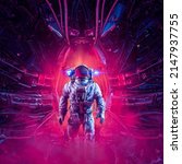 Extraterrestrial encounter - 3D illustration of science fiction astronaut exploring alien space ship interior