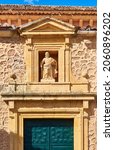 Small photo of A niche that houses a statue of San Andres on the principal facade of the San Andres church. Plaza de la Merced square, Segovia, Spain.