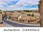 Small photo of Toledo, Spain - June 30, 2022. Toledo panoramic view, with the New Bisagra gate in the background. View from Puerta del Sol gate. Toledo, Castilla La Mancha, Spain.