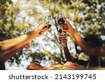 Group of young friends celebrating friendship rising hands holding red wine glasses in the countryside at the picnic