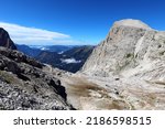 Small photo of Panoramic view of Rosetta Mount in Italian Dolomites in summer and the valley