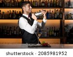 Cool professional bartender making a cocktail, shaking a cocktail shaker. Authentic barman making alcohol beverages in modern bar. High quality photo.