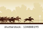 Editable vector illustration of a horse race with one horse and jockey about to win