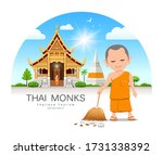 thai monk holding broom is leaf ... | Shutterstock .eps vector #1731338392