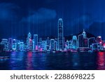 Small photo of Cityscape of Hong Kong city skyline at night over Victoria Harbor with reflecting in harbour, Cyberpunk color style