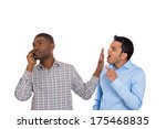 Small photo of Closeup portrait of loud obnoxious rude guy talking loudly on cell phone, man complains, gets face palm. Isolated on white background. Negative human emotions, facial expressions, feelings reaction