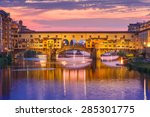 River Arno and famous bridge Ponte Vecchio at sunset from Ponte alle Grazie in Florence, Tuscany, Italy