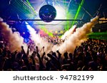 Hands In Air Rave With Smoke Machine and Laser Crowd - Nightclub