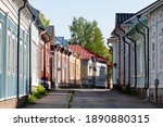 View of a quiet street in wooden old town. Rauma, Finland, Europe
