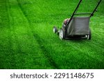 Small photo of Lawn mower cutting green grass in backyard, mowing lawn