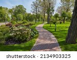 Jogging track in garden of public park among greenery trees, flower shrub and bush, black asfalt concrete walkway beside green grass lawn in a good care maintenance landscapes