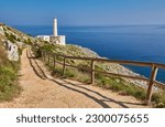 Small photo of The lighthouse of Cape of Otranto in Apulia standing on hard granite rocks is the most easterly point of Italy, marks the meeting of the Ionian Sea and the Adriatic Sea.