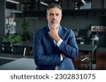 Small photo of Serious confident mid aged business man, thoughtful doubtful company ceo executive wearing blue suit standing in office holding hand in chin looking at camera thinking, making decision, feeling doubt.