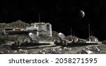3D Illustration of a Moon outpost colony with dome structures, research modules, observation pods and communication satellite dishes for space exploration and science fiction backgrounds.