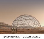 3D Illustration of a Mars outpost colony with astronauts, a geodesic dome and entry airlocks, for space exploration, terraforming and colonization, or science fiction backgrounds.