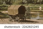 Small photo of , Ungraded, Close-up View On Russian Soviet World War Ii Peasant Cart On River Bank. Wwii Equipment Of Red Army. Historical Re-enactment.