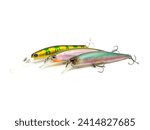 Small photo of Fishing Lure fishing temptations on white background. Many Fishing Spinning, fake bait, artificial lure.