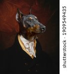 Small photo of Funny photo of dog dressed in Victorian clothes as fine art painting
