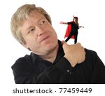 Small photo of An annoyed mature man removing a devil from his shoulder. The she-devil is aiming her pitchfork at him. Isolated on white.