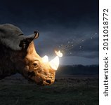 Small photo of Magical butterfly sitting on the horn of rhino on nature wildlife at night