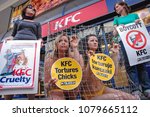 Small photo of Warsaw, Poland - June 12, 2006: Activist Jodi Ruckley (L) and Karolina Kostrzewa-Colwill in a cage during a protest within PETA's Campaign Against KFC in front of KFC restaurant in Warsaw