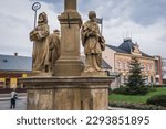 Small photo of Vizovice, Czech Republic - April 16, 2018: Column with Grievous Virgin Mary on Masaryk Square in Vizovice town