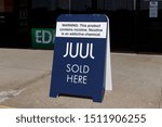 Small photo of Wabash - Circa September 2019: Juul e-cigarette sign. While e-cigarettes help people quit smoking, officials are alarmed at the skyrocketing use by teenagers, children and adolescents