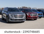 Small photo of Indianapolis - November 19, 2023: GMC Terrain SUV display at a dealership. GMC offers the Terrain in SLE, SLT, AT4 and Denali models.