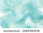 Pastel cyan mint liquid marble watercolor background with white lines and brush stains. Teal turquoise marbled alcohol ink drawing effect. Vector illustration backdrop, watercolour wedding invitation.