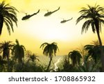 American Huey military helicopter formation flying over the jungle at sunset during the Vietnam War. 3d render.