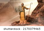 Moses holding 10 Commandments tablets coming down  mount Sinai, 3d render.